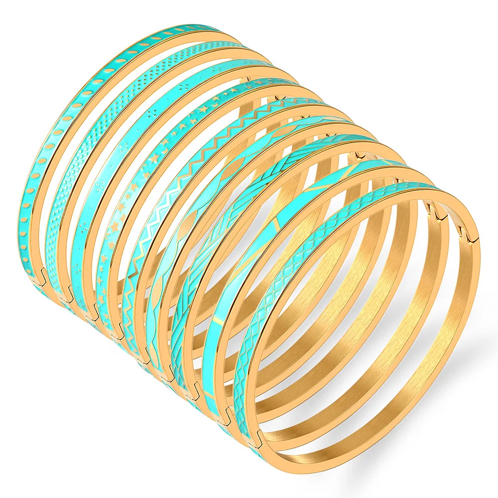 Zalman Brand Geometric Design Classic Green Enamel Bangle Gold Color Stainless Steel Thin Bracelet Women Wholesale 2023
