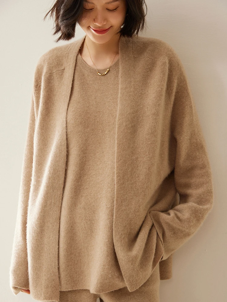 

Luxury Korean Autumn Winter Women's Loose Waistcoat Cardigan Shawl Suite Sweater 100% Cashmere Thick Warm Knitwear Soft Clothes