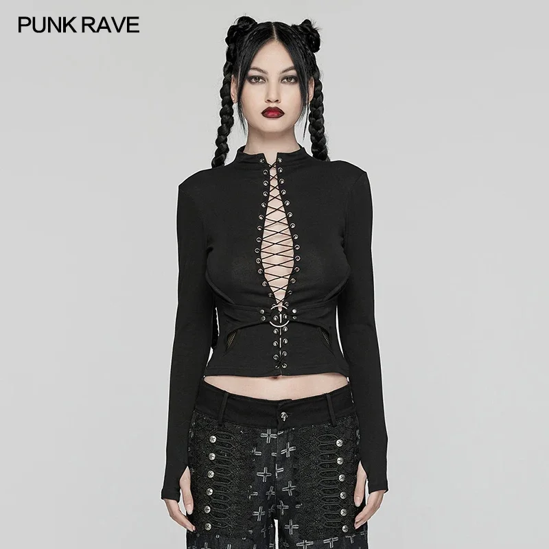 PUNK RAVE Women\'s Punk Sexy Drawstring Structure Knitted Long Sleeve T-shirt Handsome Small High-neck Black Tops Women Clothes