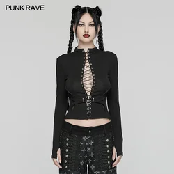 PUNK RAVE Women's Punk Sexy Drawstring Structure Knitted Long Sleeve T-shirt Handsome Small High-neck Black Tops Women Clothes