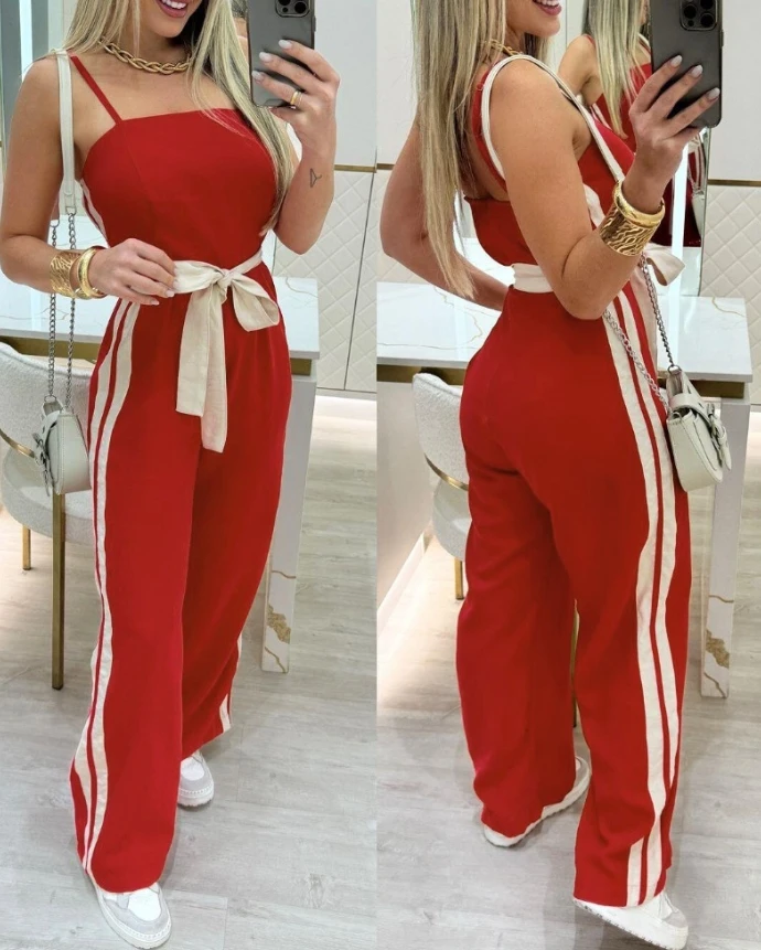 Women's Retro Fashion Romper Bodysuit 2025 Spring Summer Latest Strap Style Vertical Stripe Solid Color High Waist jumpsuit