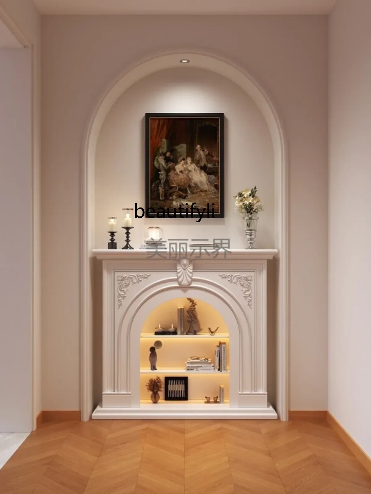 

xxxzFrench solid wood fireplace, living room decorative cabinet, American retro porch cabinet, simulated fire fireplace