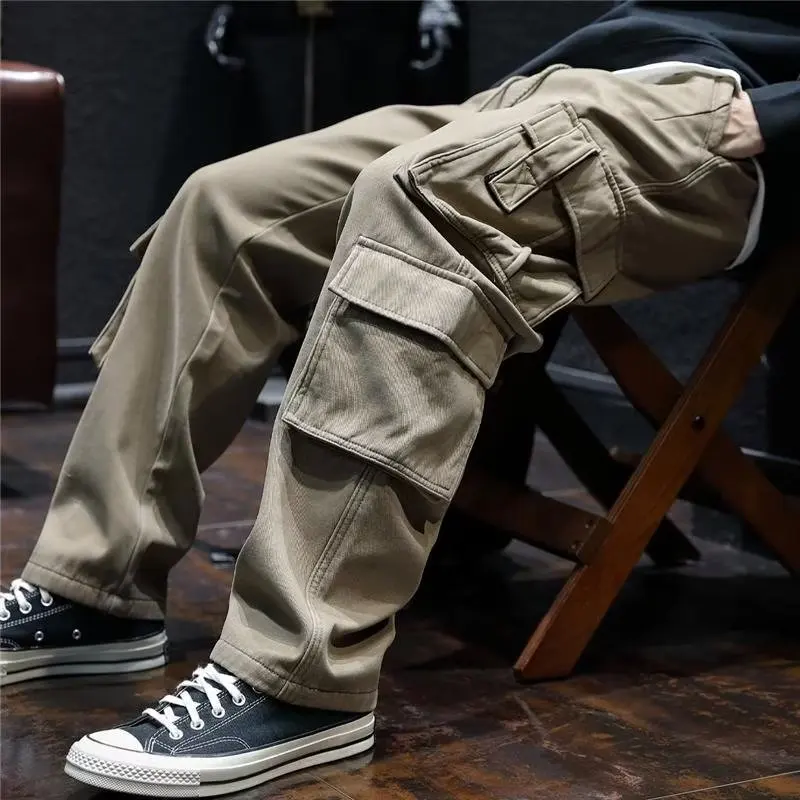 Casual pants, fashionable brand pocket decoration, winter workwear pants, loose fitting men's cropped pants