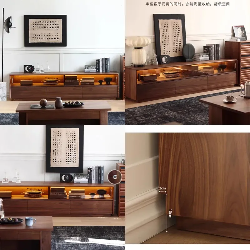 Nordic Modern Black Walnut TV Stand Solid Wood Floor to Ceiling Storage Cabinet for Living Room Small Apartment Low Console