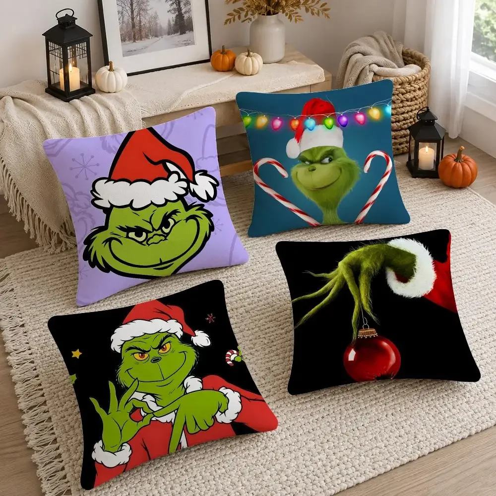 Character Christmas The Grinch Cushion Cover Soft Fluffy Short Plush  Pillow Case Throw Decorative for Sofa Bedroom Home Decor