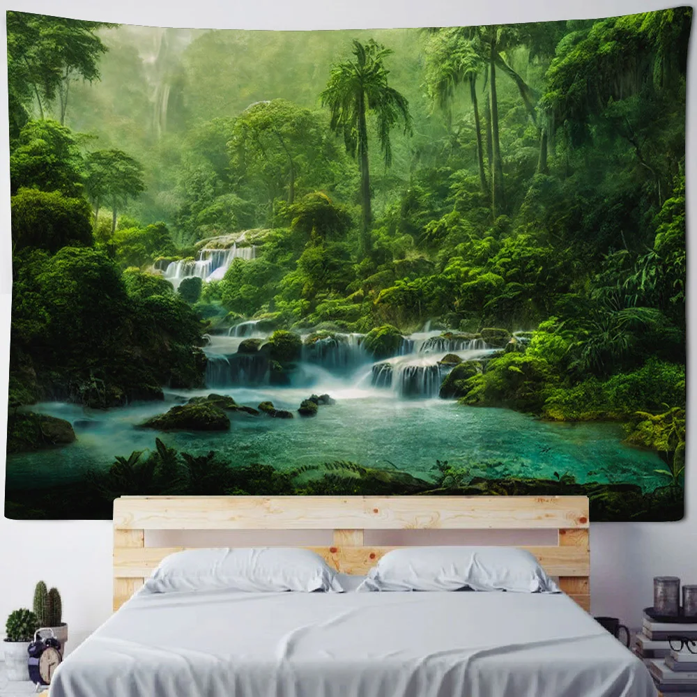 Bohemian style home decoration wall hanging forest waterfall tapestry landscape background cloth bedroom living room dormitory