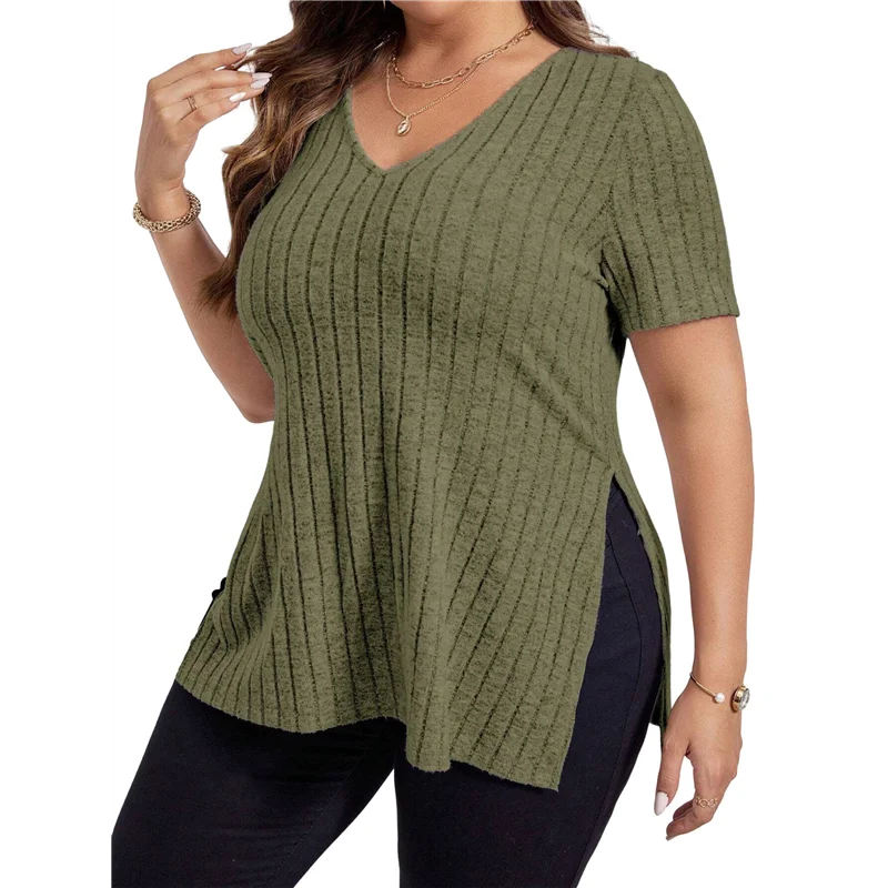 

ABRT-Womens Plus Size Tops Casual V Neck Short Sleeve Shirts Split Hem Blouses Summer