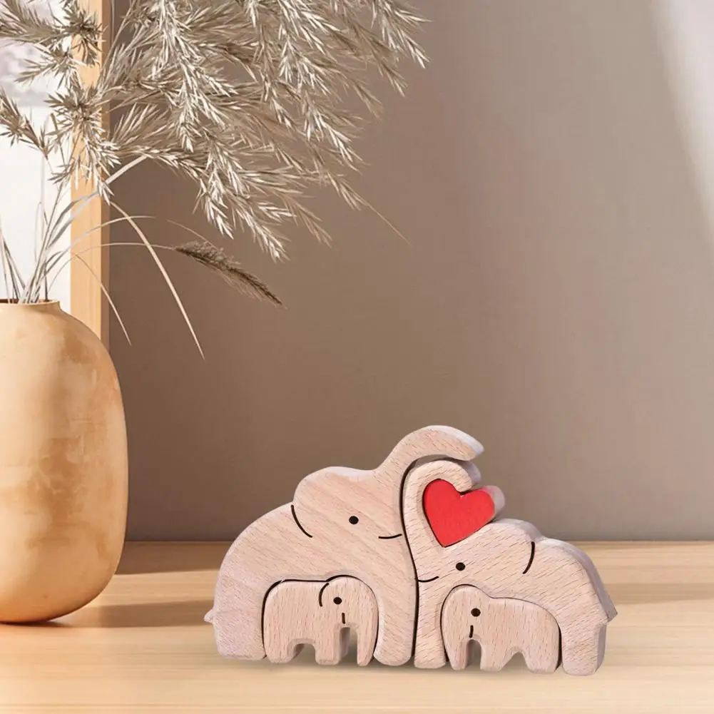 Long-lasting Elephant Ornament Handcrafted Wooden Elephant Family Puzzle Ornament Heartwarming Mother Father Baby for Home