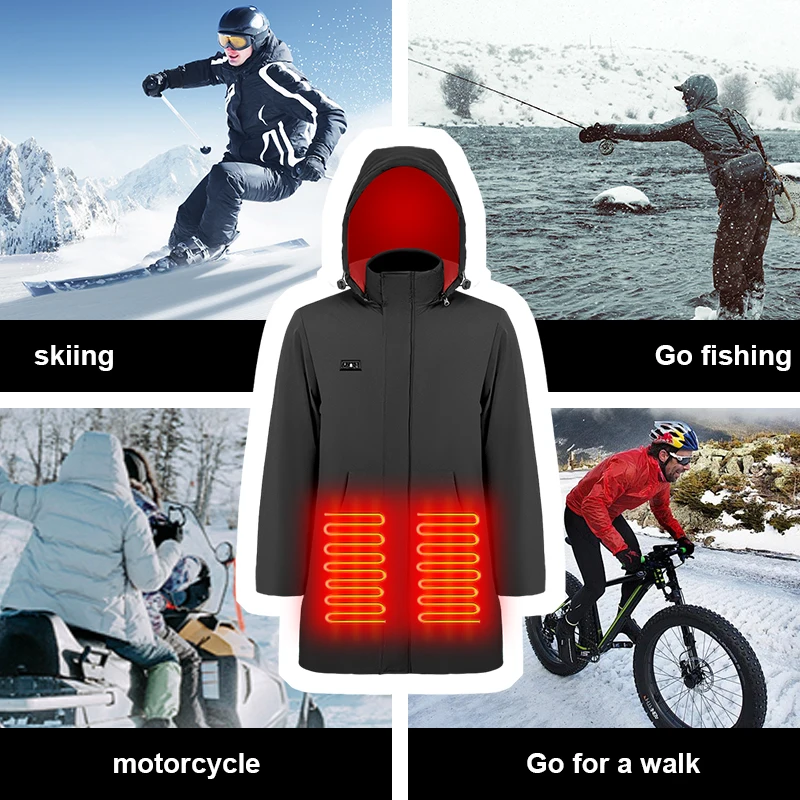 Outdoor Heating Cotton Jacket Coat Winter Windproof Long Jacket Men USB Electric Heating Jacket For Winter