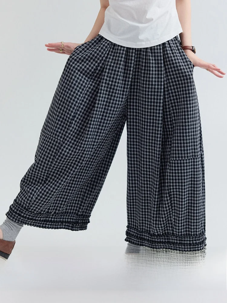 

AMUU Korean Style Checkered Ruffle Hem Wide Leg Casual Pants Women's Summer New Elastic Waist Long Trousers Versatile Casual ...