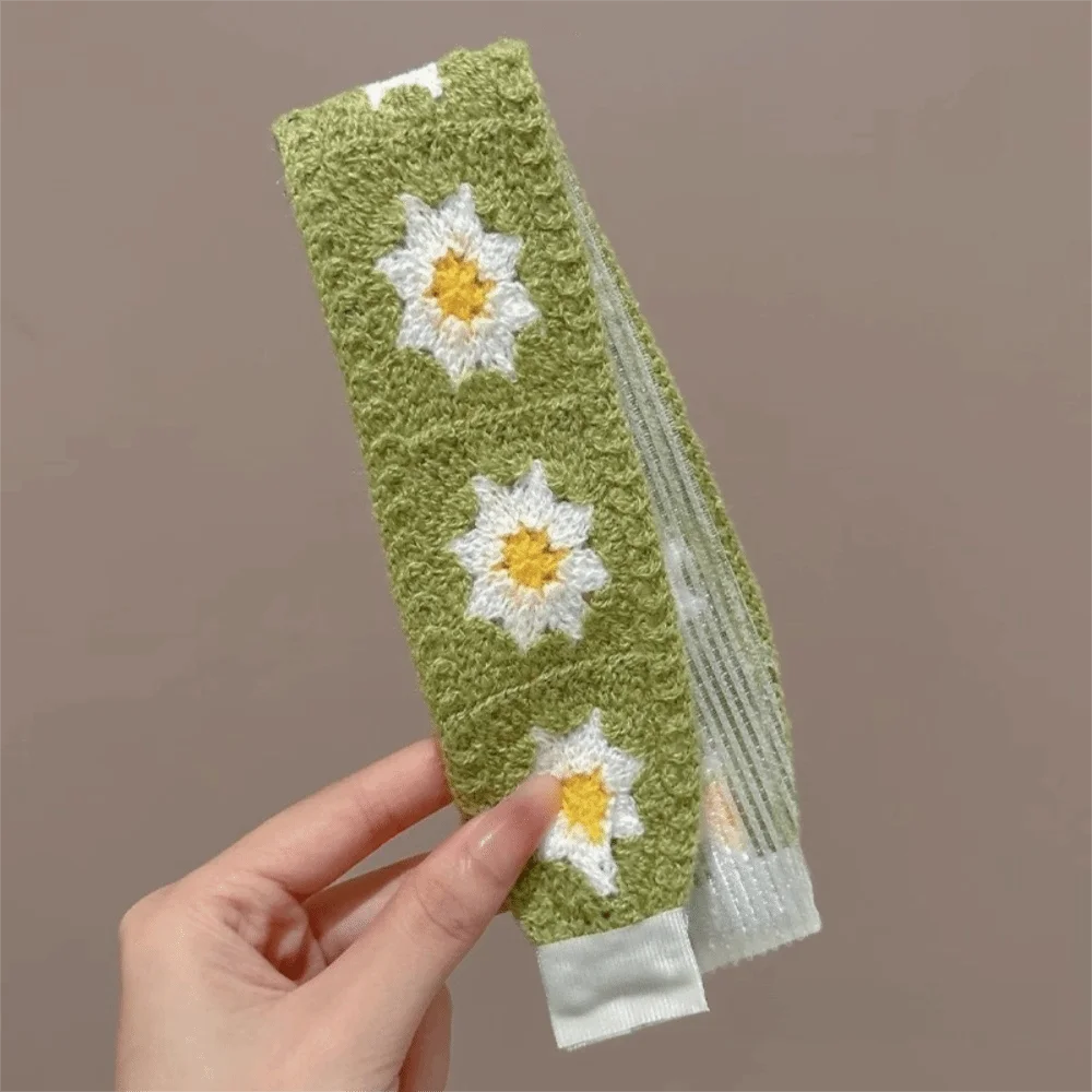 

Bohemian Style Knitted Hairband Candy Colors Embroidered Flowers Magic Tape Hairband Adjustable Forehead Hair Strips Girl
