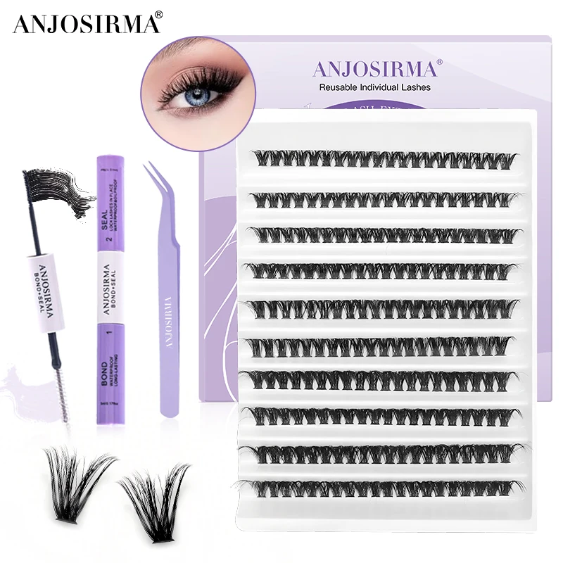 ANJOSIRMA Individuele Wimperverlenging Set Met Lijm Pincet Make-up tools Nertsen Volume 200 Bundels DIY Cluster Faux Wimpers