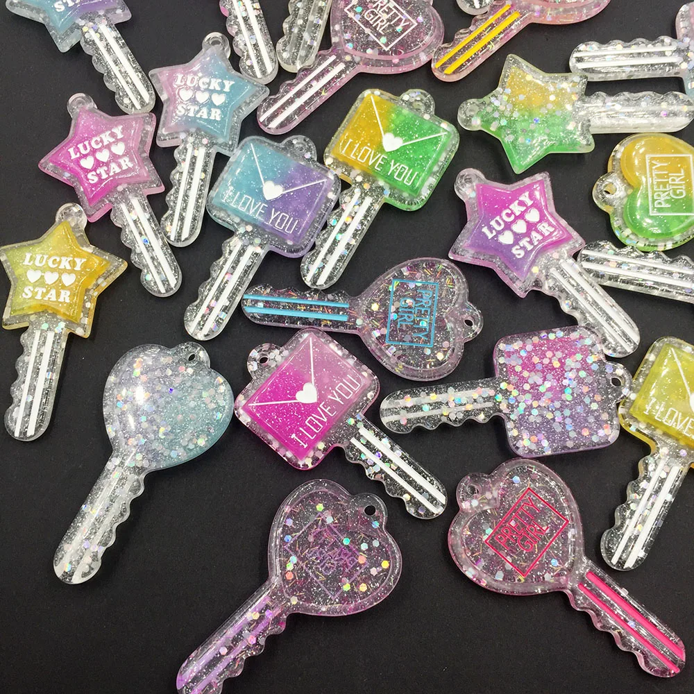 10Pcs Cute Glitter Rainbow Key With Hole Flat back Resin Cabochon for DIY Handmade Necklace Keychain Jewelry Making Accessories