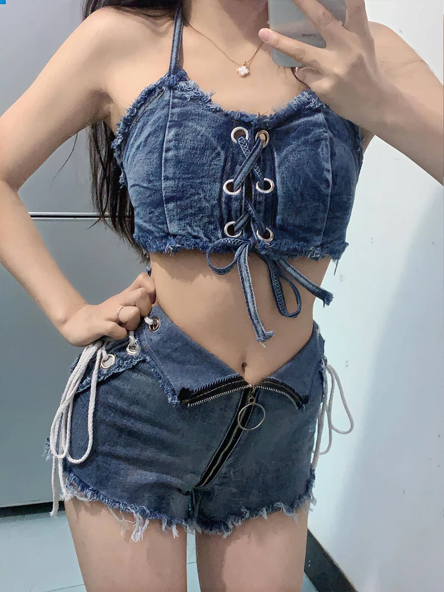 Celana Pendek Denim Pinggang Tinggi Seksi Celana Pendek Musim Panas Musim Gugur Wanita Celana Jeans Wanita Super Store Kancing Kain Bergaris