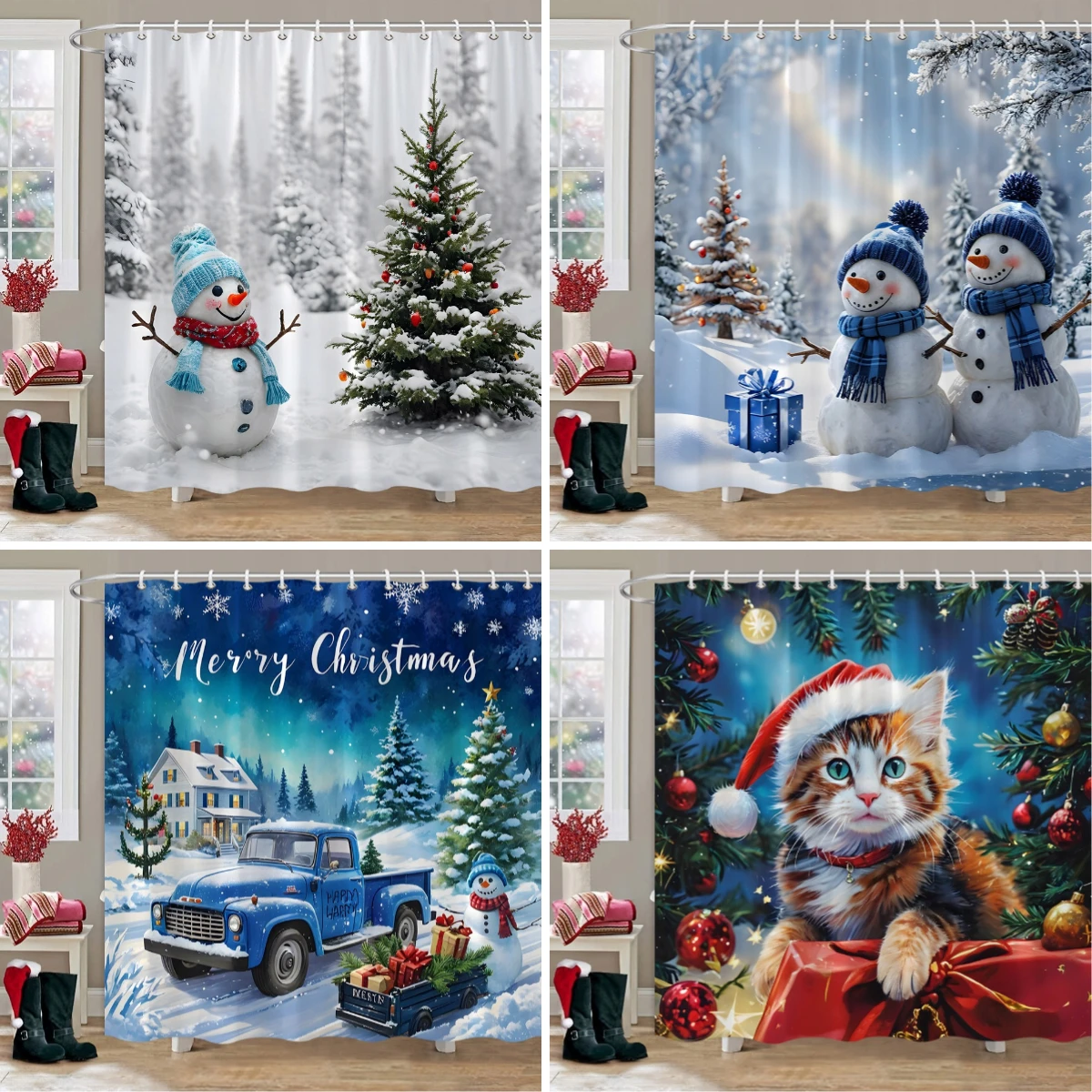 

Christmas Snowman Shower Curtain Christmas Tree Winter Snow Christmas Gift Polyester Shower Curtains Bathroom Decor with Hooks