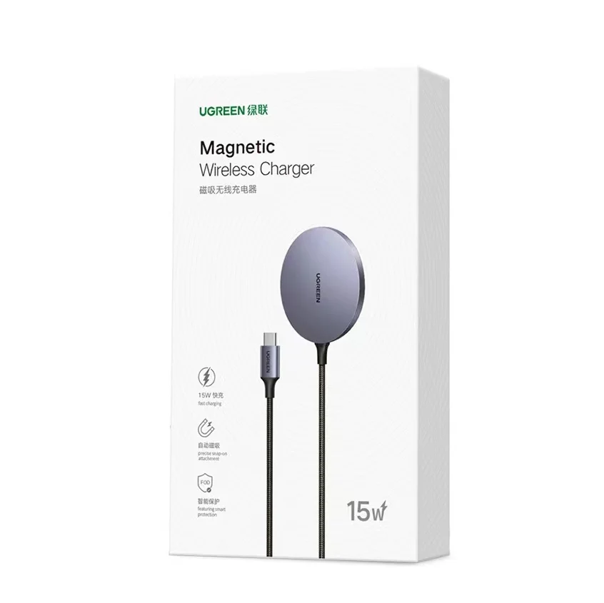UGREEN Magnetic Wireless Charger 15W Qi Fast Charging Pad Portable Aluminum Alloy Heat Dissipation Charger Compatible for iPhone