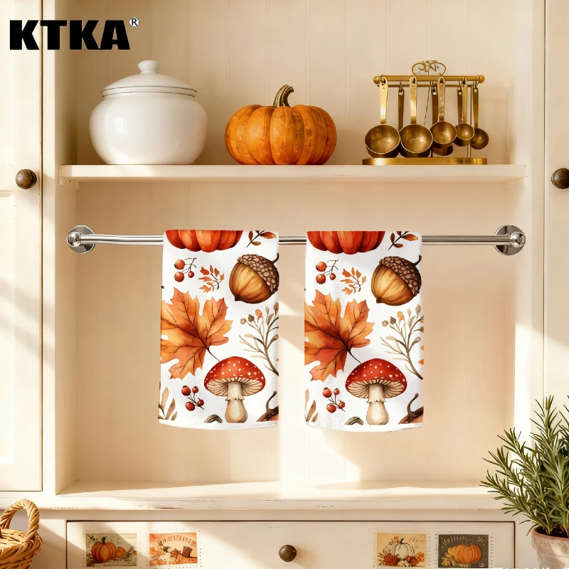 2-Piece Autumn Maple Leaf, Mushroom, and Acorn Kitchen Towels, Absorbent and Reusable Cleaning Cloths, Autumn Decorative Hand Towels, Thanksgiving Decorations, Farmhouse Harvest Autumn Home Decor, Thanksgiving Gifts Su