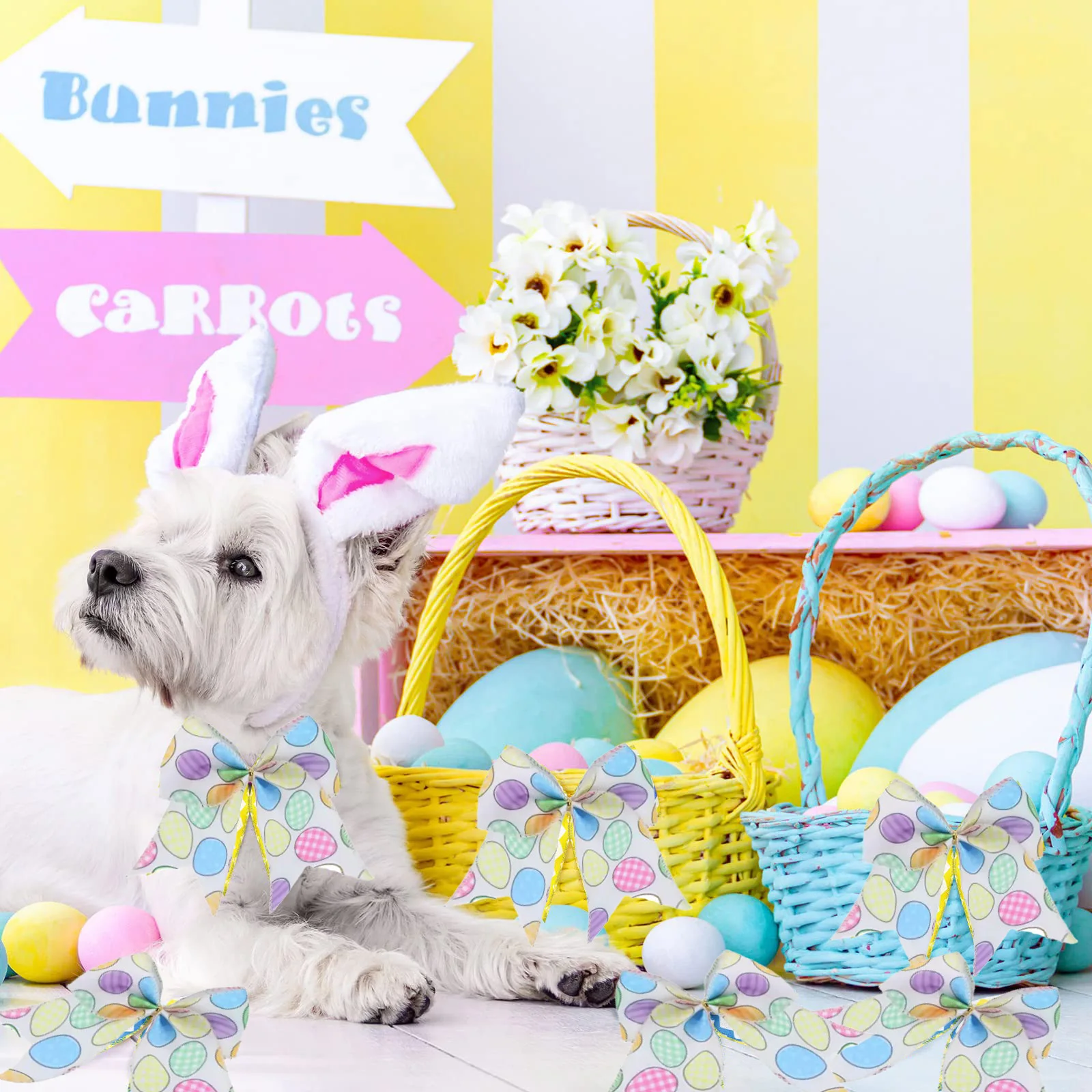 

Small Easter Bows Decorative Easter Egg Print Bow Spring Wreath Bow Ornament for Indoor Outdoor Holiday DIY Decor