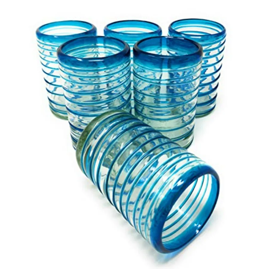 أكواب الشرب المكسيكية المنفوخة يدويًا - مجموعة من 6 أكواب بتصميم حلزوني مائي (14 أونصة لكل منها)...