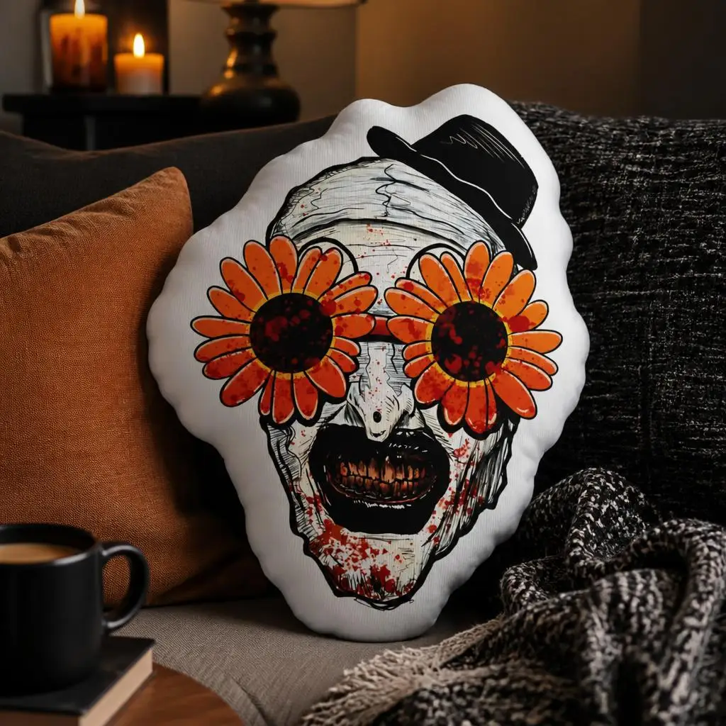 Terrifier Clown Shaped Pillow Horror Cushion with Sunflower Glasses Scary Throw Pillow Gothic Halloween Sofa Home Decor Gift