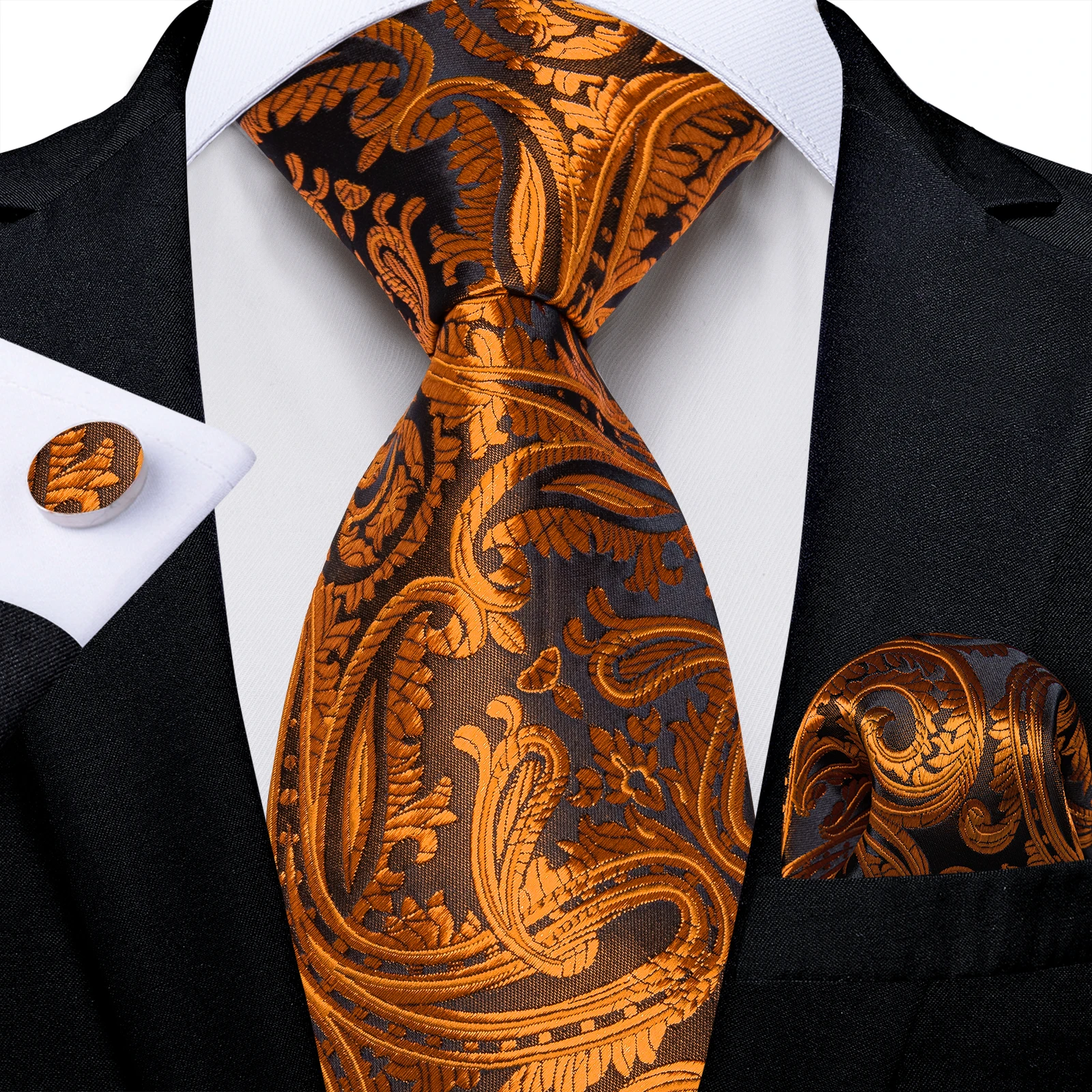 Luxury Gold Paisley Silk Tie 2023 New Men's 8cm Tie Handkerchief Cufflinks Wedding Prom Party Suits Accessories Gift for Husband