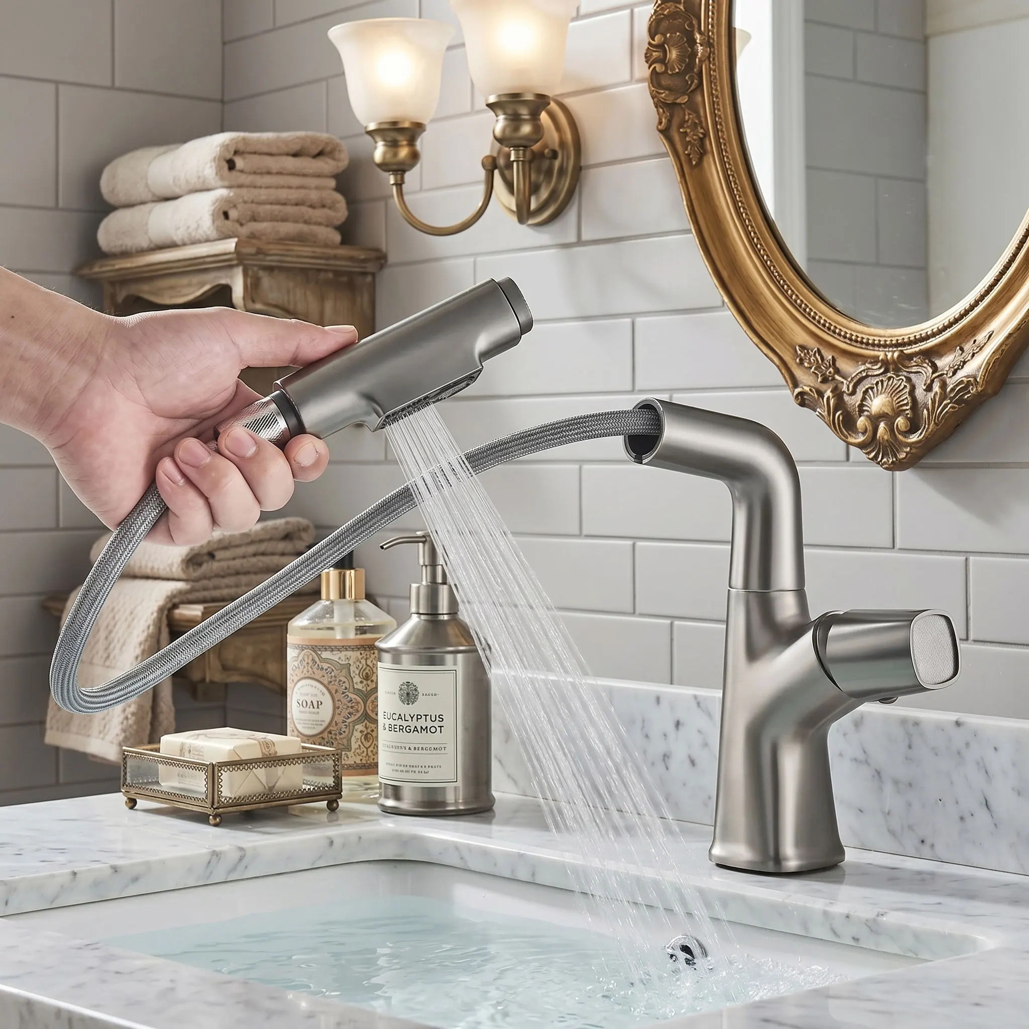

Grifo de lavabo de baño, rociador de corriente elevable hacia arriba y hacia abajo, mezclador de lavabo de agua fría y caliente,