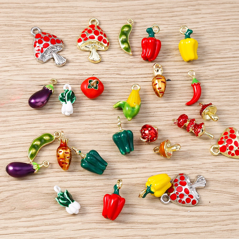 Tusember 5 Stück Emaille-Gemüse-Anhänger Pilz Karotte Aubergine Mais Paprika Charms Perlen Passend für Original-Armband DIY Schmuck – Detail 1
