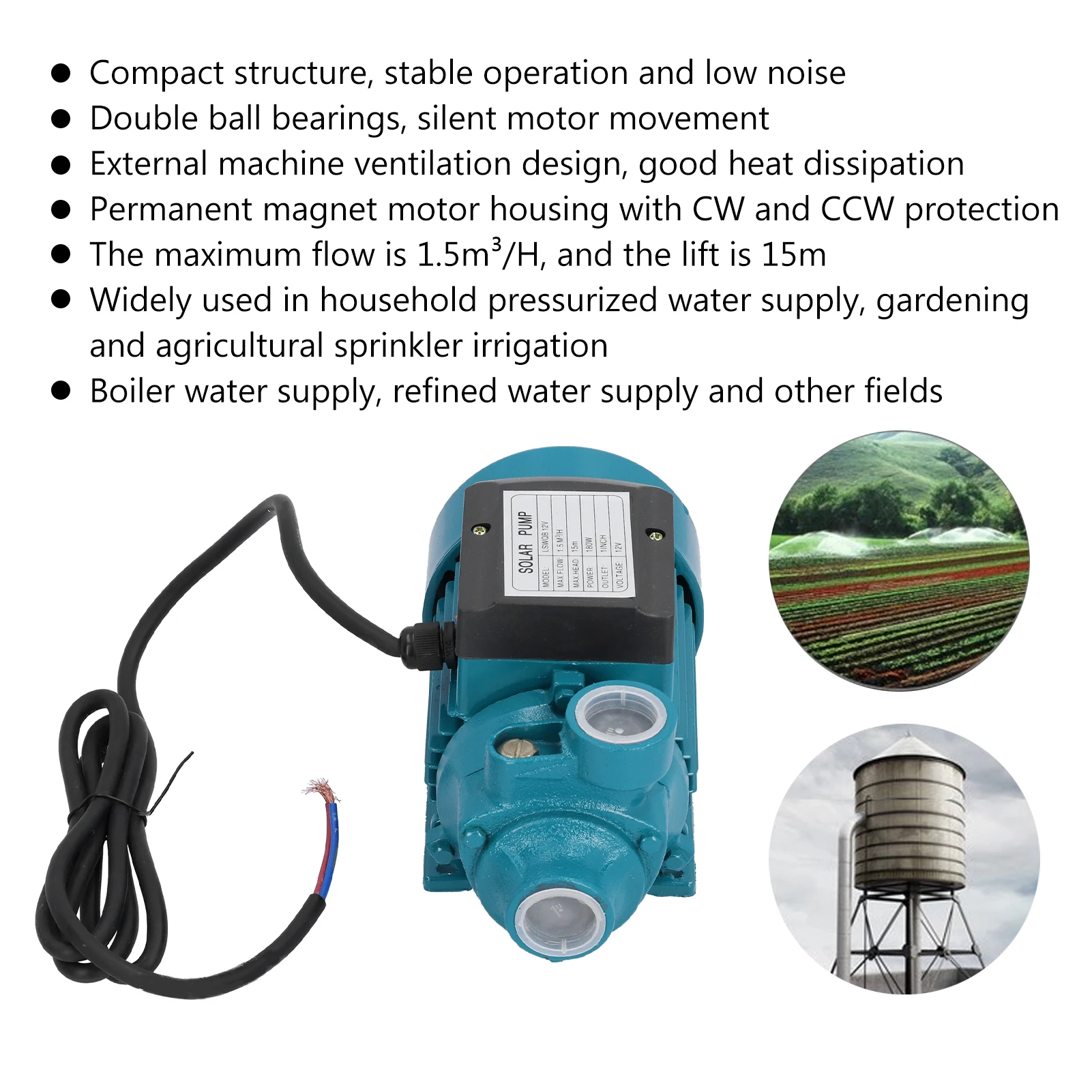 Unipolar Impeller Motor Horizontal Single Suction Irrigation Tool 15m 180W DC12V Clean  Unipolar Motor Pump