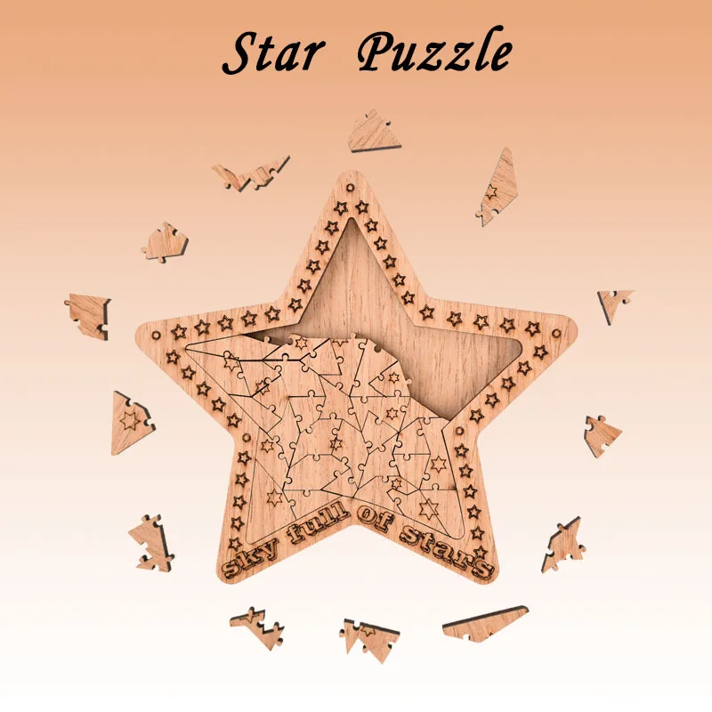 Wooden puzzle with natural wood stars, designed to relieve stress for adults, featuring a unique irregular shaped wooden puzzle