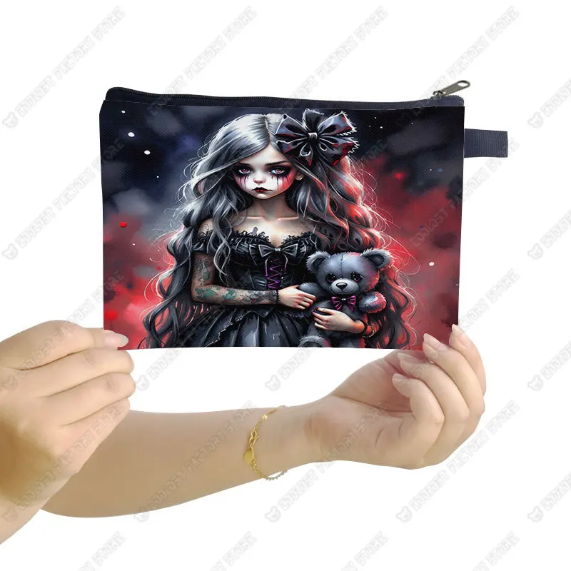 Cartoon Gothic Girl and Bear Doll Print Cosmetic Case Cool Goth Girl Makeup Organizer Napkin Storage Pouch Lady Toiletries Bag