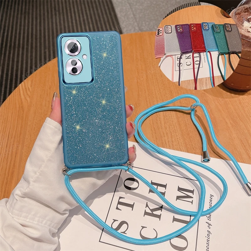 For Oppo Reno 11 12 10 Pro Plus + 8 8t 7 Reno11 F 5G Crossbody Lanyard Clear Glitter Silicone Soft Case Reno10 Reno8 Lite Cover