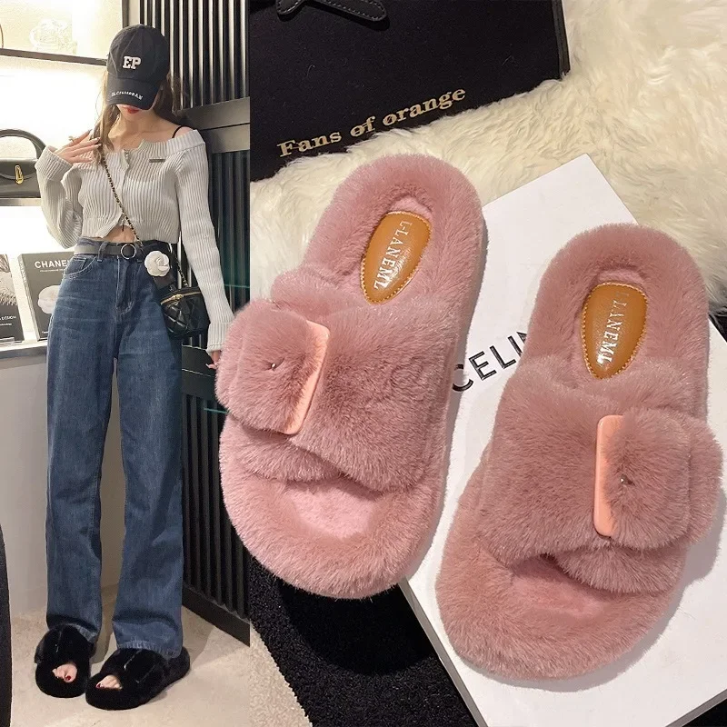 Fashion Fur Slippers Women Winter Fluffy Fur Home Slides Open Toe Furry Cork Sandals Autumn Comfort Plush Slip On House Shoes