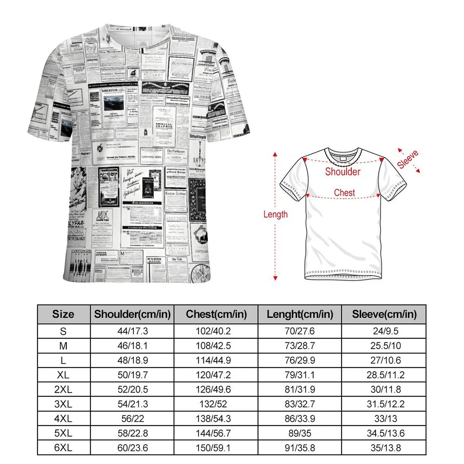 Men Newspaper Print T Shirt Vintage Advertising Fashion T-Shirts Short Sleeve Custom Tops Cheap Beach Casual Oversized Tees
