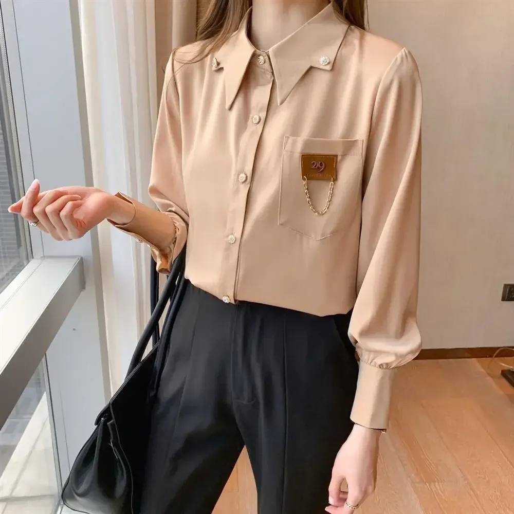 Spring Autumn New White Chiffon Shirt Tops Solid Polo Neck Long Sleeve Korean Youth Blouse Temperament Elegant Women Clothing