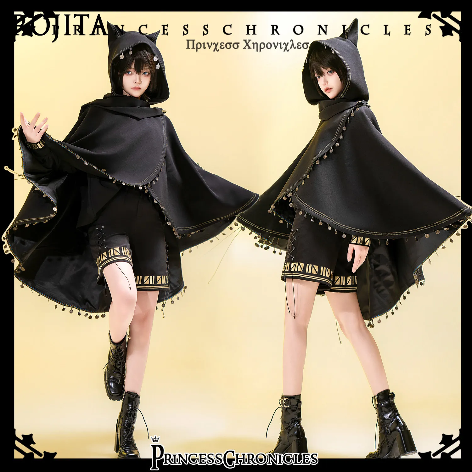 Gothic Lolita Hooded Cape With Cat Ear Decor Tassel Coin Fringed Black Cloak Unisex Spring Autumn Jacket