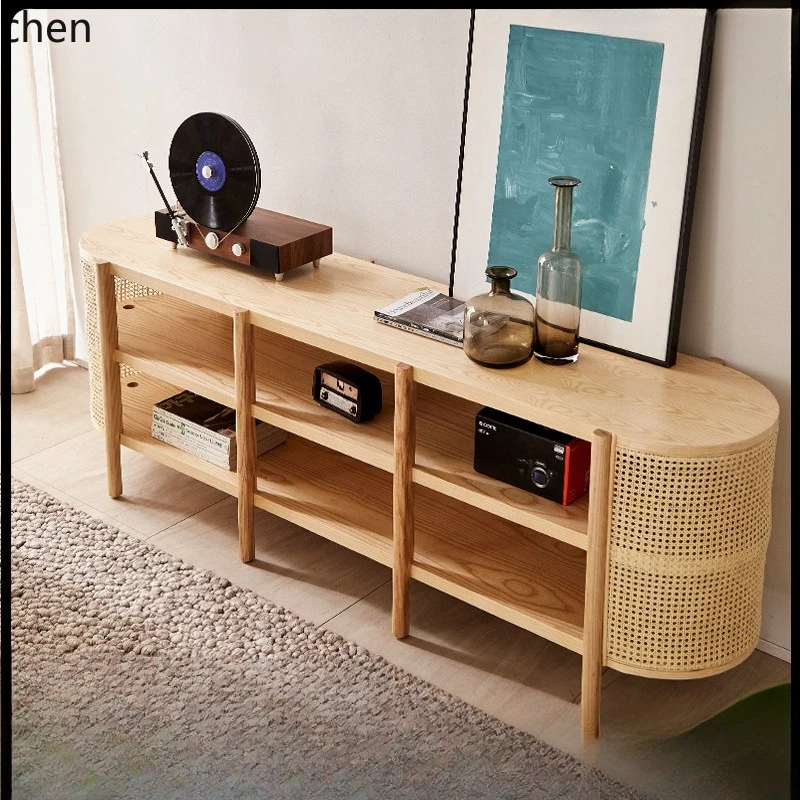 

PYH Rattan TV Cabinet Solid Wood Living Room Modern Simple Floor Cabinet Combination Storage Cabinet Small Apartment