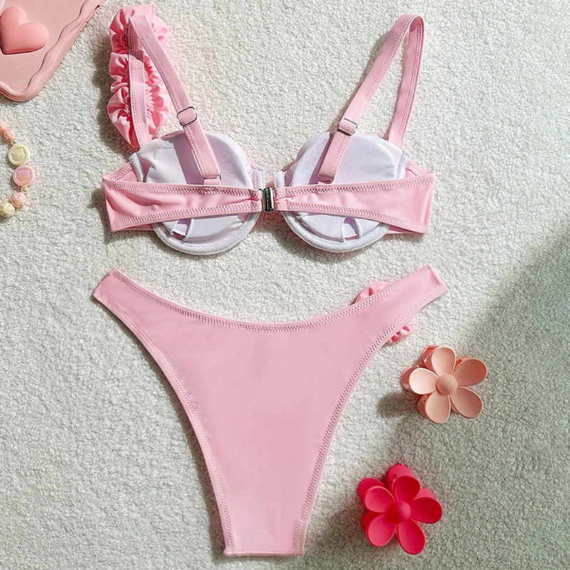 أنيق المرأة مثير بلون الأزهار Underwire رفع مجموعة البكيني قطعتين أزياء Ins ملابس بحر لقضاء عطلة الصيف