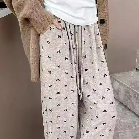 한국 스타일 나비 매듭 프린트 와이드 레그 팬츠 여성용 하이웨이스트 루즈핏 캐주얼 롱 팬츠 레이지 스타일 여성용 바지