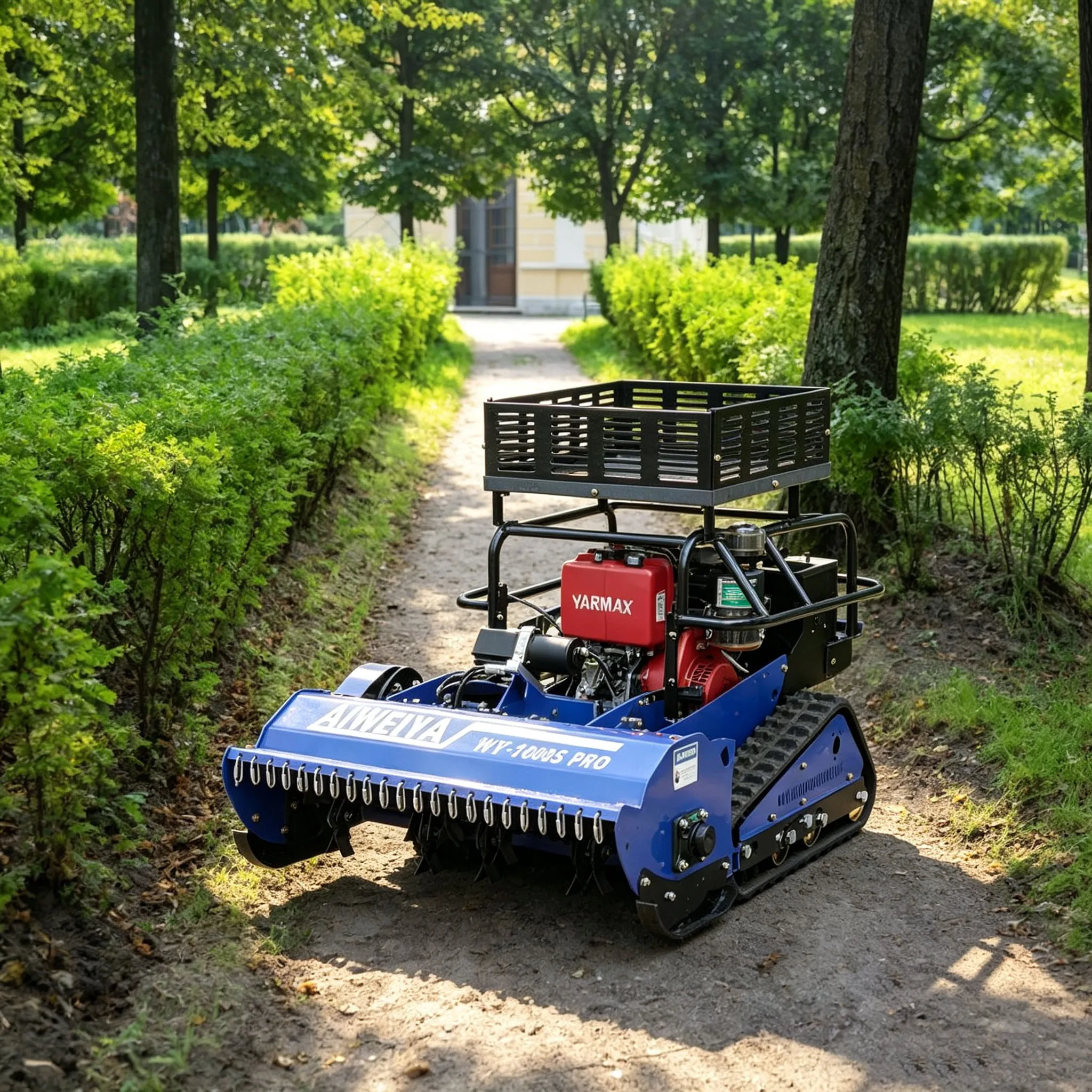 Customized multi-purpose farm mowing device adapts complex terrains via RC lawn mower robot, crawler tracked 4-stroke