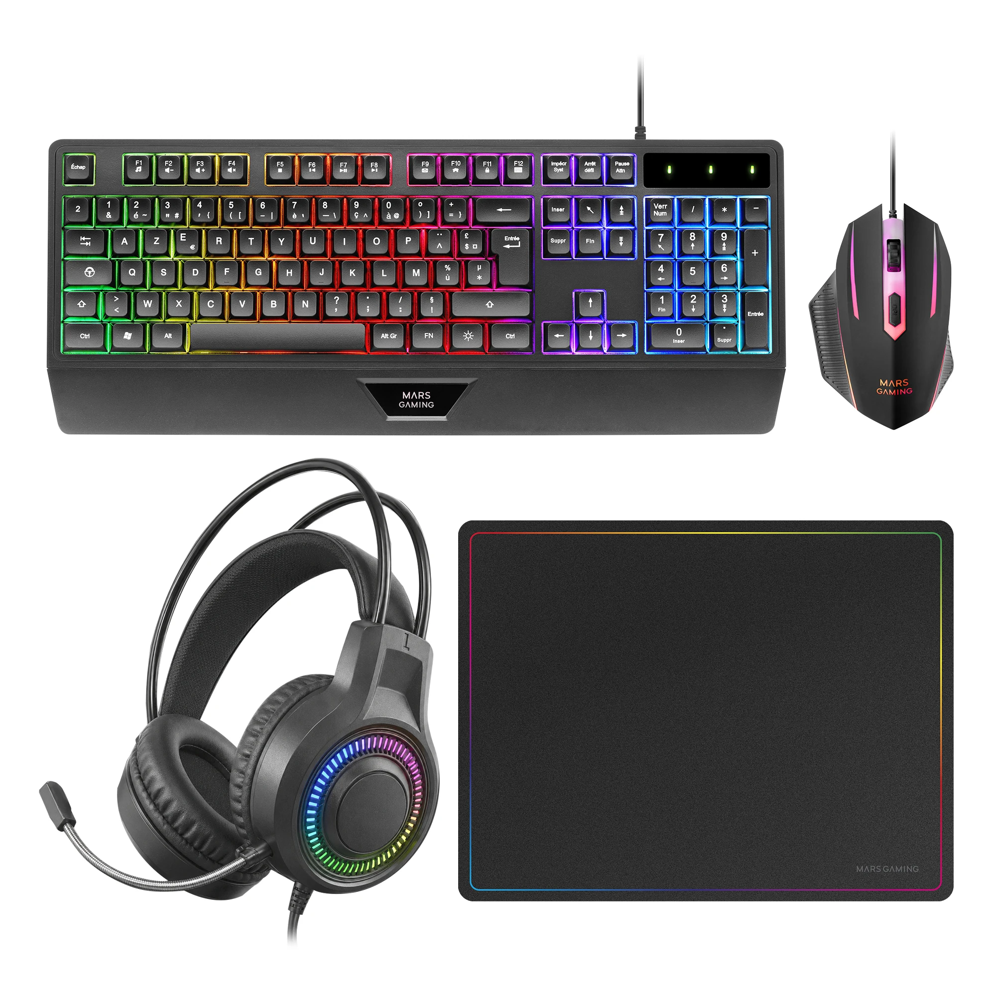 mars gaming mcp124pro combo gaming 4en1 teclado rgb h-mech con reposamunecas raton rgb 3200dpi y switches huano auriculares frgb alfombrilla nanotextil 36x26cm compatibilidad multiplataforma