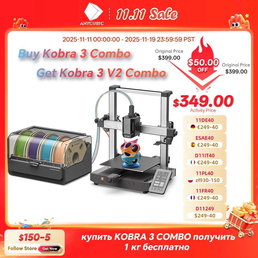 

ANYCUBIC Kobra 3 Combo Многоцветный 3D-принтер FDM с максимальной скоростью печати 600 мм/с Размер сборки 250x250x260 мм Печать от 4 до 8 цветов