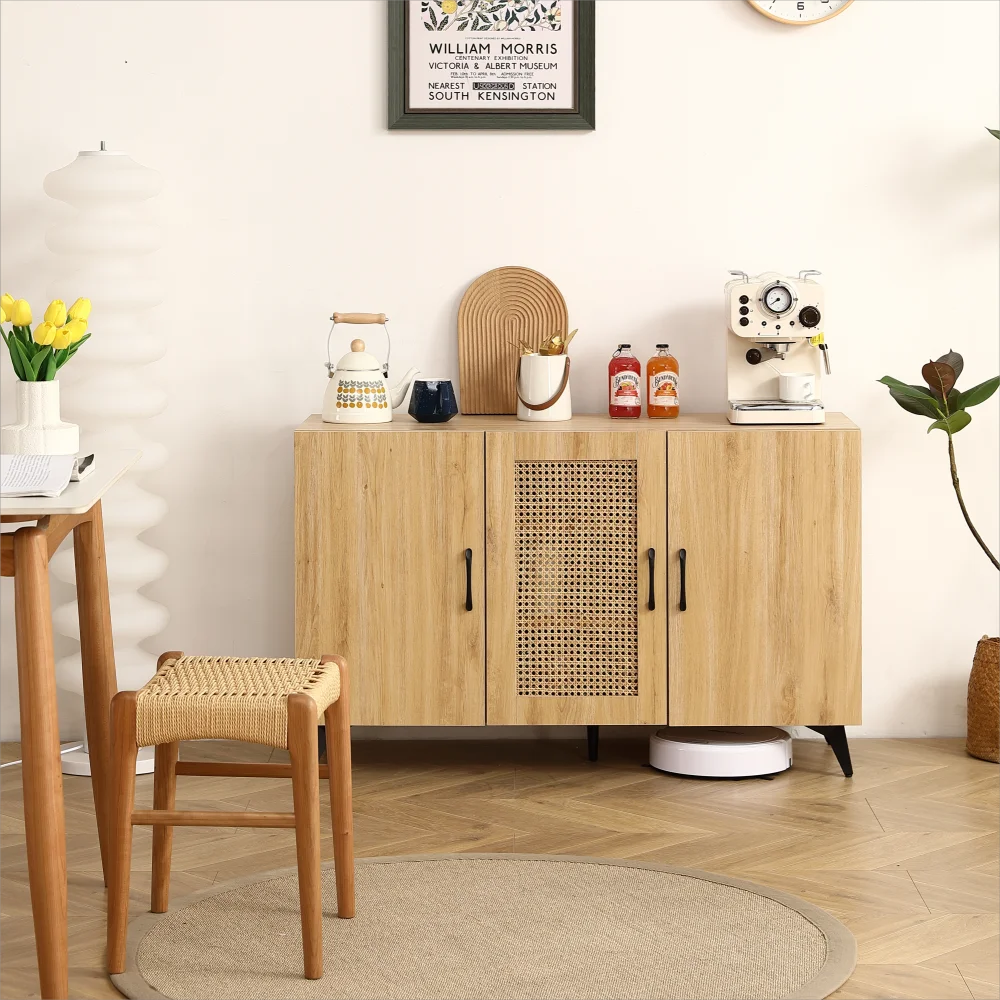 Three-Door Cabinet with Natural  Rattan Mesh-Large Storage Space Storage Cabinet Stable Durable Perfect Living Rooms Restaurants