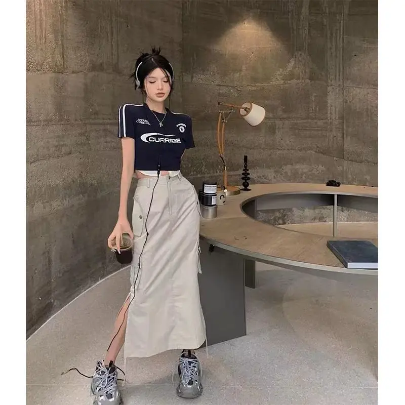 Y2K American Hot Girl Outfit Cropped Fake Two-Piece T-Shirt & High Slit Cargo Skirt Set Streetwear Summer Two Piece Set Fashion