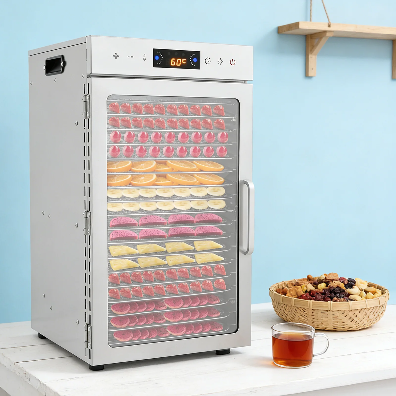 18 Trays Food Dehydrator 304 201 Stainless Steel Fruit Dryer 800W Commercial Food Dryer Machine for Meat, Fruit, Beef, Pet Food