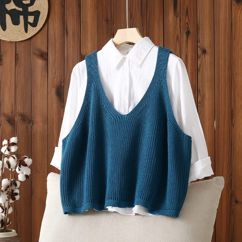 

Retro Loose Knitted Sweater Vest Women Spring Autumn Winter Layering Svel oulder Pad Slimming Outerwear Vest