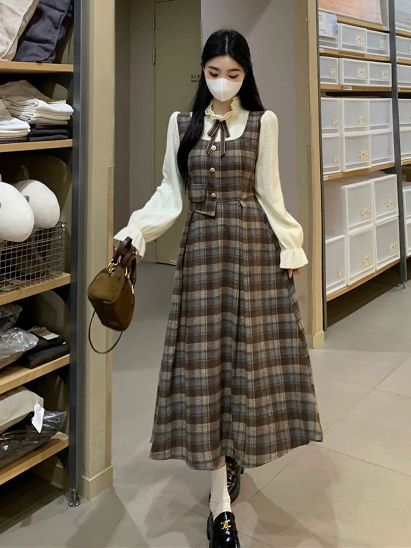 

Юбка женская длинная в клетку с кружевными вставками, больших размеров, для колледжа, осенне-зимняя, повседневная, модная