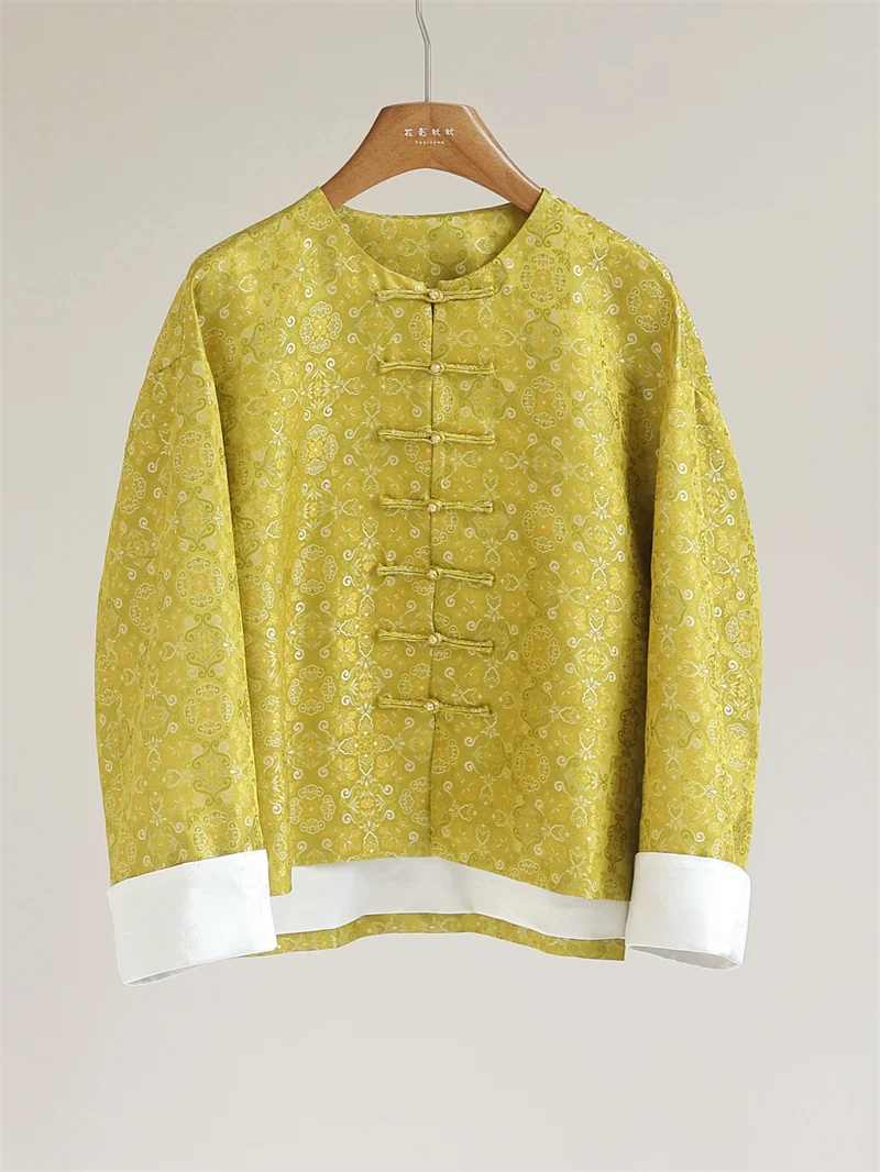 

Ретро-блузка из вышитого шелка в новом китайском стиле, женская, с круглым вырезом, на пуговицах, однотонная, свободного кроя, осенняя, Y550