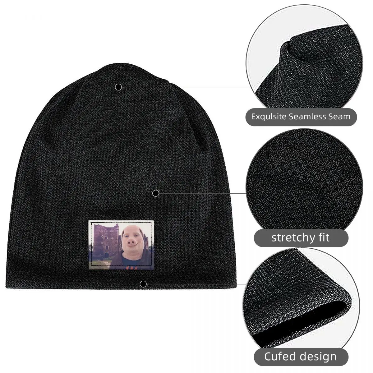 John Pork Waffle Knit Fleece Lined Beanie with PU Leather Patch Unisex Warm Winter Soft Cap