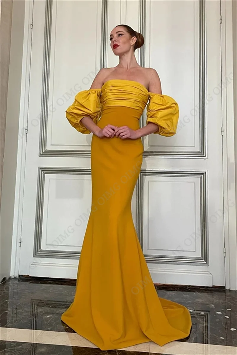 OIMG-vestido feminino de sereia de cetim elástico amarelo, vestidos de baile de manga curta, vestido formal, sexy e elegante, Dubai, 2023