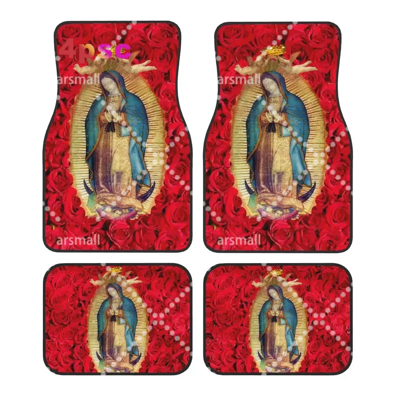 Guadalupe Virgin Mary With Flowers Car Floor Mats of 4 Pieces Crystal Velvet Catholic Universal Car Front Rear Carpets Foot Mats